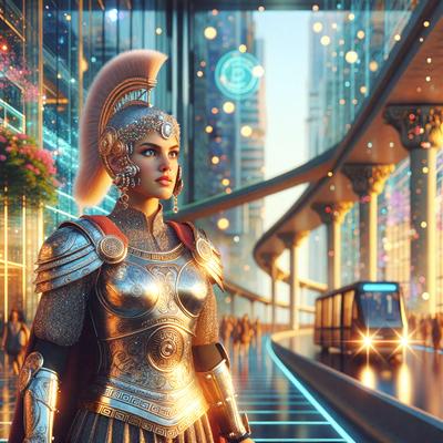 The primary subject of the image is a woman dressed in a Roman-style outfit, standing on a city street. She is wearing a helmet and a gold breastplate, giving her a warrior-like appearance. The setting is a futuristic city with a large building in the background. The visual style of the image is digital art, giving it a vibrant and detailed appearance. The colors and mood of the image are bright and energetic, with the woman's outfit and the futuristic city